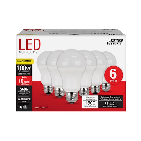 Feit Electric Feit A19 E26 (Medium) LED Bulb Warm White 100 Watt Equivalence 6 pk A160083010KLED6